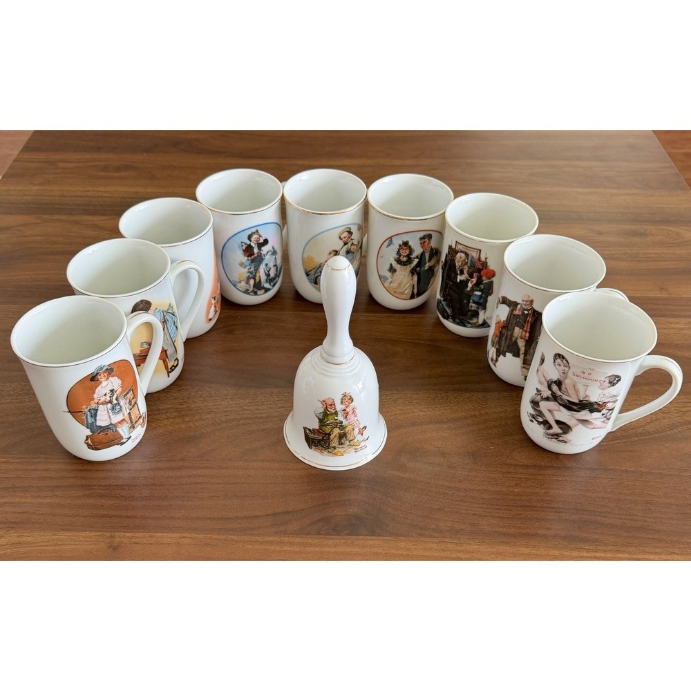 Norman Rockwell Mug Lot 9 Vintage Saturday Evening Post + Bell